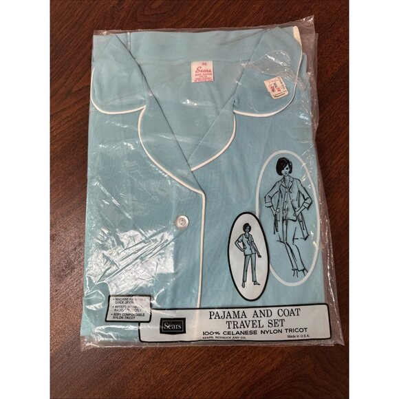 NOS Vintage Sears Blue 100% Nylon Pajama & Robe Set Women’s Size 38 - Picture 1 of 5